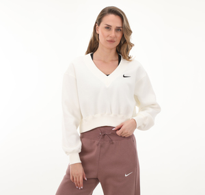 Nike W Nsw Phnx Flc Crop Vneck Kadın Sweatshirt Beyaz
