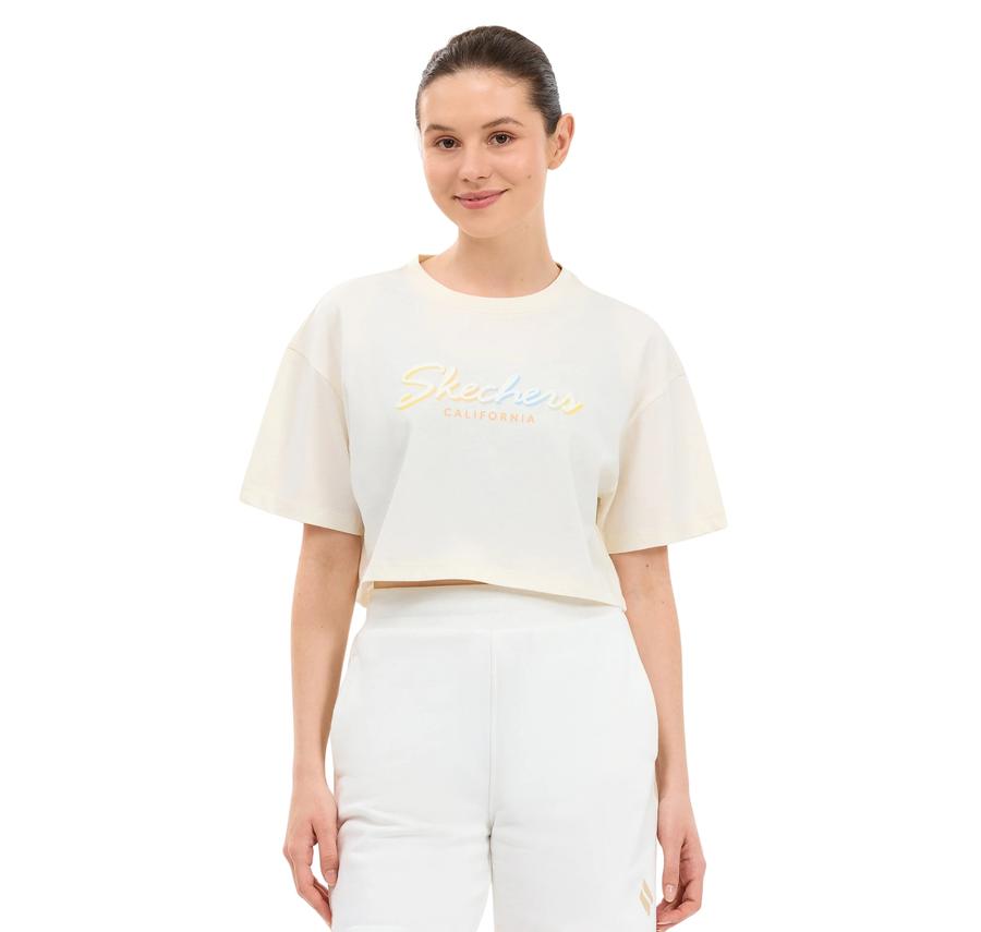 Skechers W Crop Graphic T-Shirt Kadın Bej Skechers W Crop Graphic T-Shirt Kadın Bej