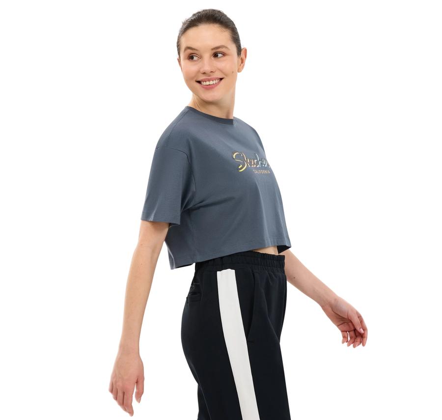 Skechers W Crop Graphic T-Shirt Kadın İndigo Skechers W Crop Graphic T-Shirt Kadın İndigo