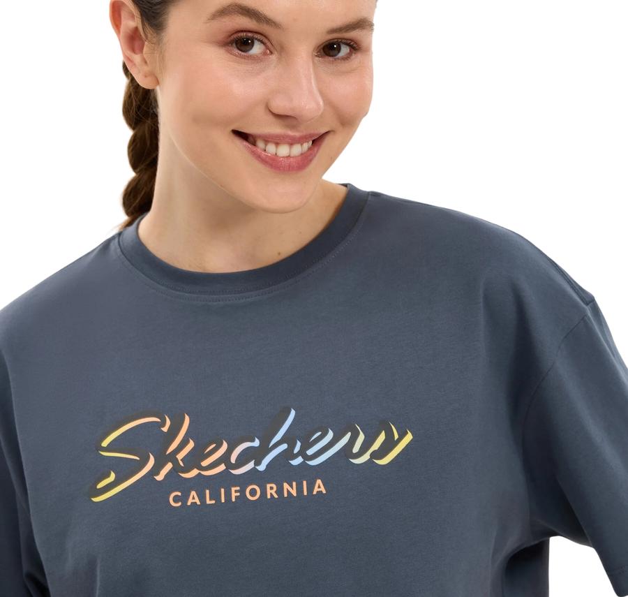 Skechers W Crop Graphic T-Shirt Kadın İndigo Skechers W Crop Graphic T-Shirt Kadın İndigo