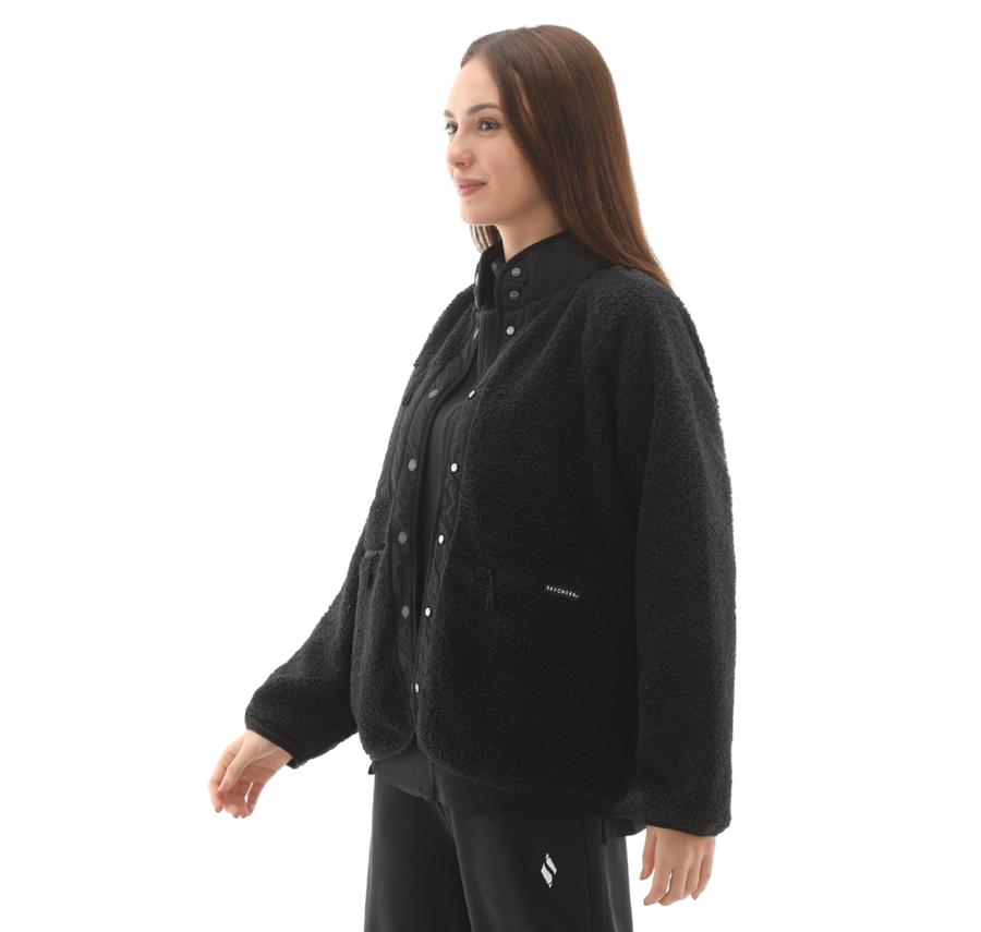 Skechers W Woven Detailed Pull Over Sherpa Kadın Ceket Siyah Skechers W Woven Detailed Pull Over Sherpa Kadın Ceket Siyah